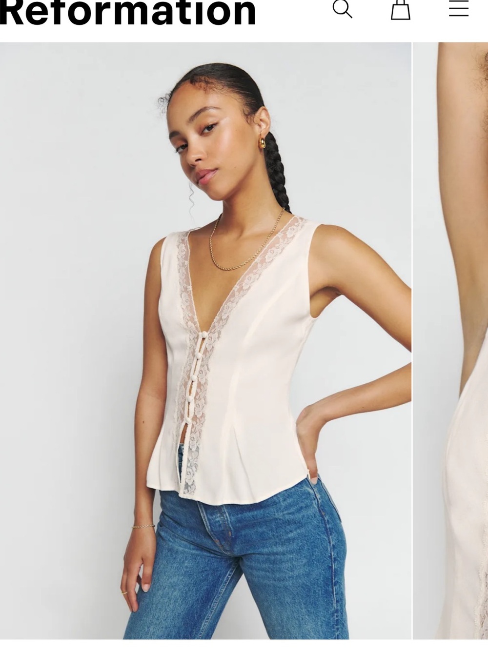 Reformation Cristina Lace Trim V-Neck Button Front Sleeveless Blouse
